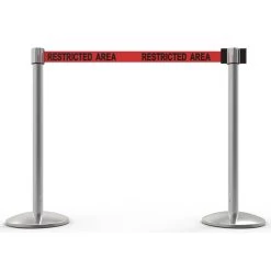 Banner Stakes 14' Retractable Belt Barrier System With Bases, Chrome Posts And Red "Restricted Area" Belts - AL6205C