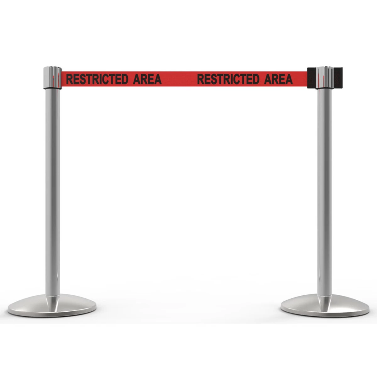Banner Stakes 14' Retractable Belt Barrier System With Bases, Chrome Posts And Red "Restricted Area" Belts - AL6205C 3 Banner Stakes 14' Retractable Belt Barrier System With Bases, Chrome Posts And Red "Restricted Area" Belts - AL6205C