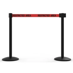Banner Stakes 14' Retractable Belt Barrier System With Bases, Black Posts And Red "Restricted Area" Belts - AL6205B