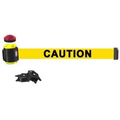 Banner Stakes 15' Wall-Mount Retractable Belt With Red Strobe Light, Yellow "Caution" - MH1501L