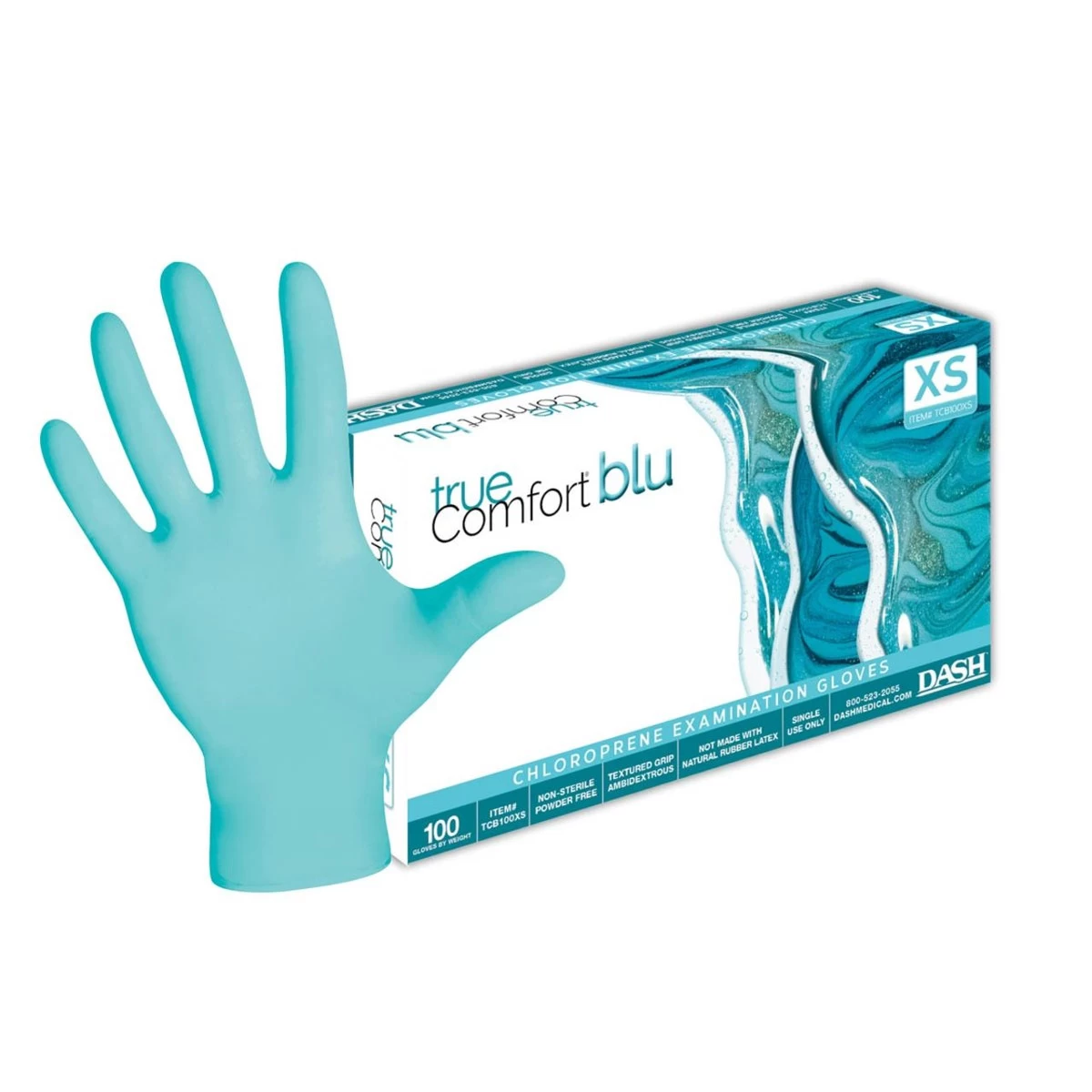 Dash True Comfort Blu Polychloroprene Exam Gloves - Ocean Blue - 3.1 Mil - Box Of 100 3 Dash True Comfort Blu Polychloroprene Exam Gloves - Ocean Blue - 3.1 Mil - Box Of 100