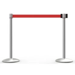 Banner Stakes 14' Retractable Belt Barrier System With Bases, Matte Posts And Blank Red Belts - AL6207M