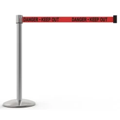 Banner Stakes 7' Retractable Belt Barrier Set With Base, Chrome Post And Red "Danger - Keep Out" Belt - AL6106C