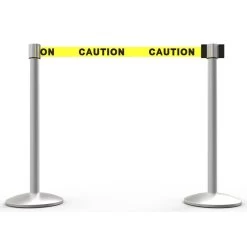 Banner Stakes 14' Retractable Belt Barrier System With Bases, Matte Posts And Yellow "Caution" Belts - AL6201M