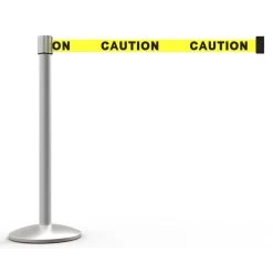 Banner Stakes 7' Retractable Belt Barrier Set With Base, Matte Post And Yellow "Caution" Belt - AL6101M