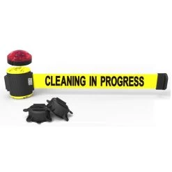 Banner Stakes 30' Wall-Mount Retractable Belt With Red Strobe Light, Yellow "Cleaning In Progress" - MH5004L