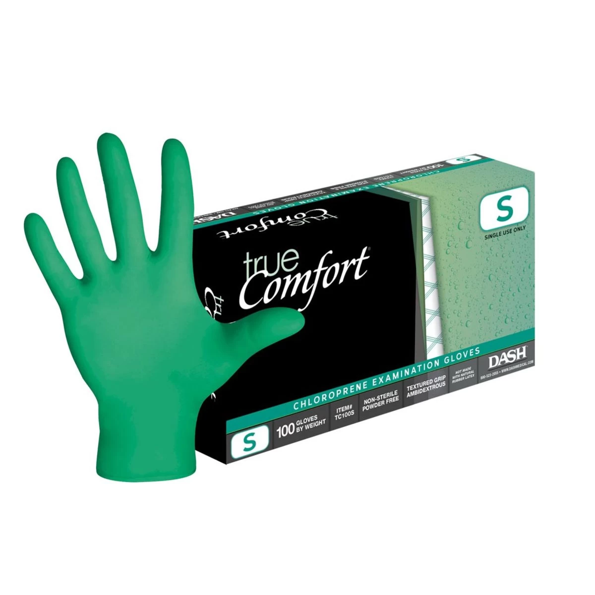 Dash True Comfort Polychloroprene Exam Gloves - Green - 5.1 Mil - Box Of 100 3 Dash True Comfort Polychloroprene Exam Gloves - Green - 5.1 Mil - Box Of 100