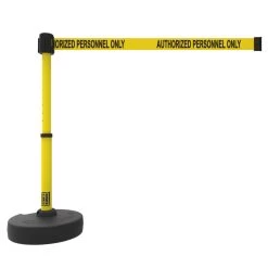 Banner Stakes Barrier Set With Stand-Alone Base, Post, Stake And Retractable Belt; Yellow "Authorized Personnel Only" - PL4087