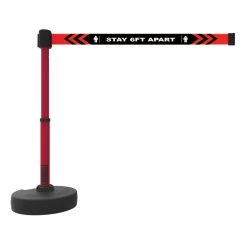 Banner Stakes Barrier Set With Stand-Alone Base, Post, Stake And Retractable Belt; Black "Stay 6FT Apart" - PL4174
