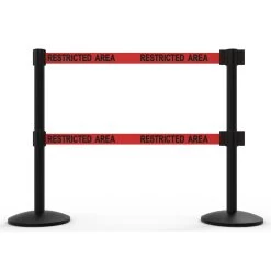 Banner Stakes 14' Dual Retractable Belt Barrier System With Bases, Black Posts And Red "Restricted Area" Belts - AL6205B-D