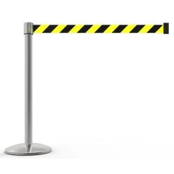 Banner Stakes 7' Retractable Belt Barrier Set With Base, Chrome Post And Yellow/Black Diagonal Stripe Belt - AL6103C