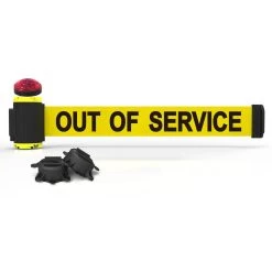 Banner Stakes 7' Wall-Mount Retractable Belt With Red Strobe Light, Yellow "Out Of Service" - MH7005L