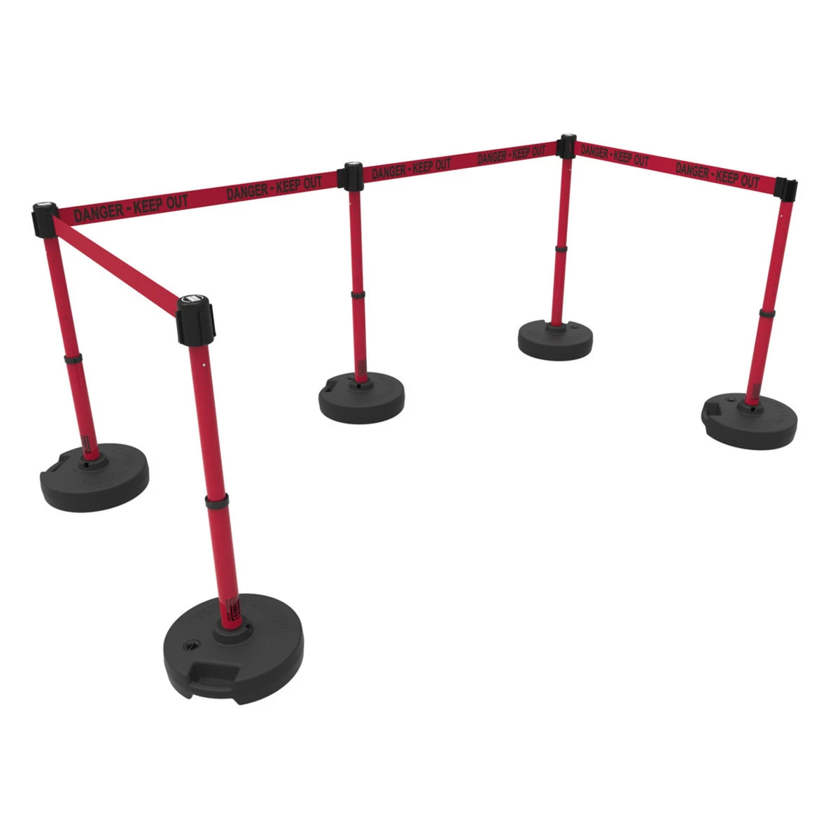Banner Stakes 60' Barrier System With 5 Bases, Post, Stakes, And 4 Retractable Belts; Red "Danger-Keep Out" - PL4594 3 Banner Stakes 60' Barrier System With 5 Bases, Post, Stakes, And 4 Retractable Belts; Red "Danger-Keep Out" - PL4594