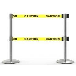 Banner Stakes 14' Dual Retractable Belt Barrier System With Bases, Chrome Posts And Yellow "Caution" Belts - AL6201C-D