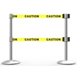 Banner Stakes 14' Dual Retractable Belt Barrier System With Bases, Matte Posts And Yellow "Caution" Belts - AL6201M-D