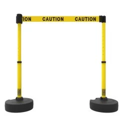 Banner Stakes 15' Barrier System With 2 Bases, Posts, Stakes And 1 Retractable Belt; Yellow Double-Sided "Caution" - PL4283