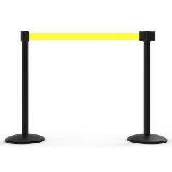 Banner Stakes 14' Retractable Belt Barrier System With Bases, Black Posts And Blank Yellow Belts - AL6204B