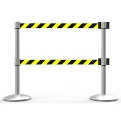 Banner Stakes 14' Dual Retractable Belt Barrier System With Bases, Matte Posts And Yellow/Black Diagonal Stripe Belts - AL6203M-D