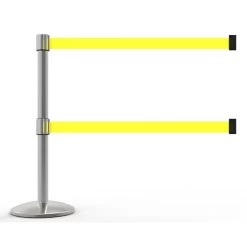 Banner Stakes 7' Dual Retractable Belt Barrier Set With Base, Chrome Post And Blank Yellow Belt - AL6104C-D