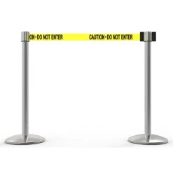 Banner Stakes 14' Retractable Belt Barrier System With Bases, Chrome Posts And Yellow "Caution - Do Not Enter" Belts - AL6202C