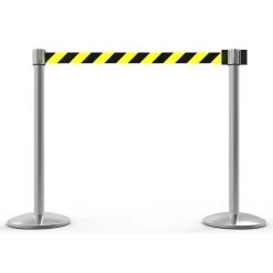 Banner Stakes 14' Retractable Belt Barrier System With Bases, Chrome Posts And Yellow/Black Diagonal Stripe Belts - AL6203C