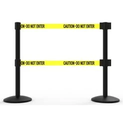 Banner Stakes 14' Dual Retractable Belt Barrier System With Bases, Black Posts And Yellow "Caution - Do Not Enter" Belts - AL6202B-D