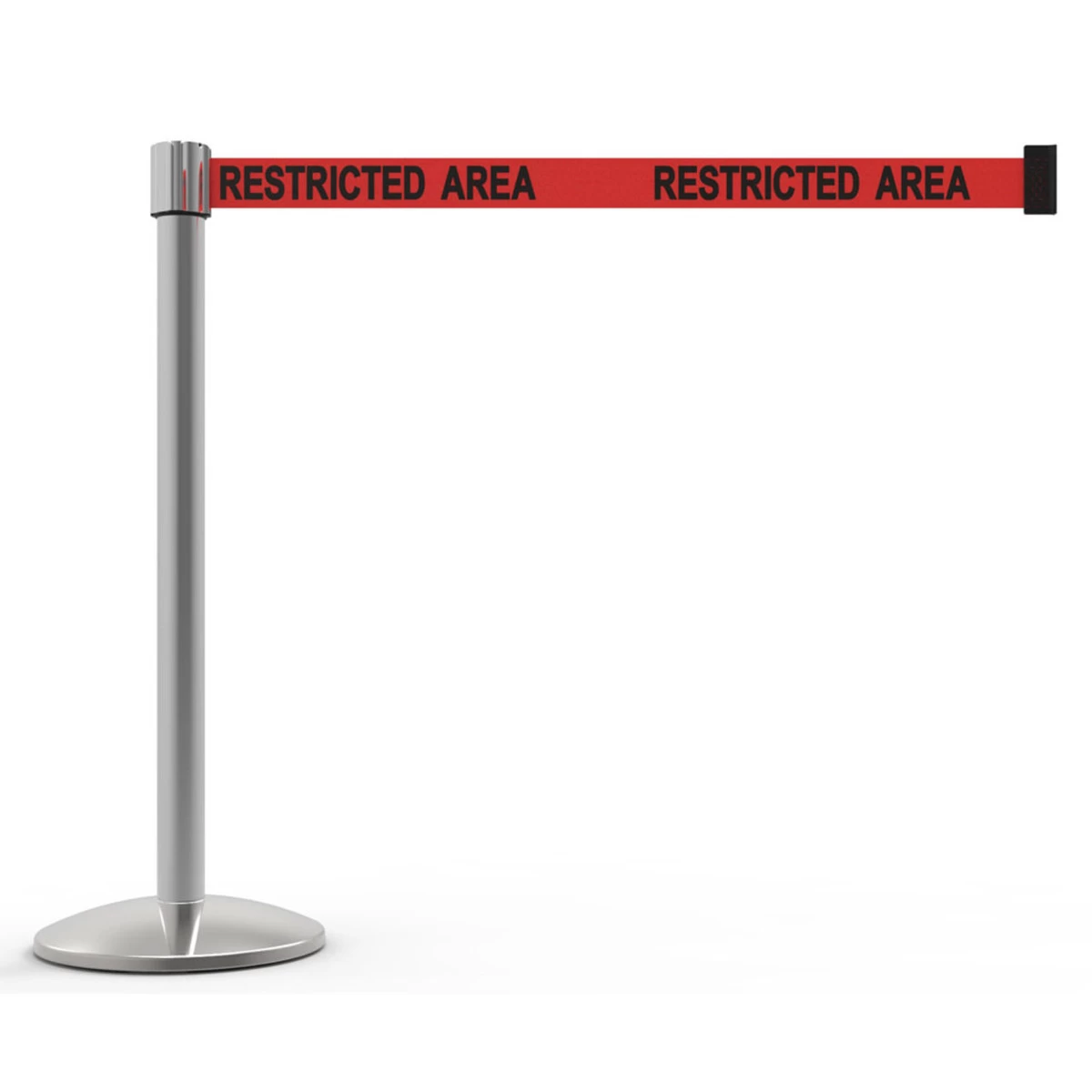 Banner Stakes 7' Retractable Belt Barrier Set With Base, Chrome Post And Red "Restricted Area" Belt - AL6105C 3 Banner Stakes 7' Retractable Belt Barrier Set With Base, Chrome Post And Red "Restricted Area" Belt - AL6105C