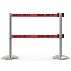 Banner Stakes 14' Dual Retractable Belt Barrier System With Bases, Chrome Posts And Red "Danger - Keep Out" Belts - AL6206C-D