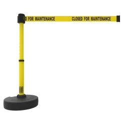 Banner Stakes Barrier Set With Stand-Alone Base, Post, Stake And Retractable Belt; Yellow "Closed For Maintenance" - PL4090